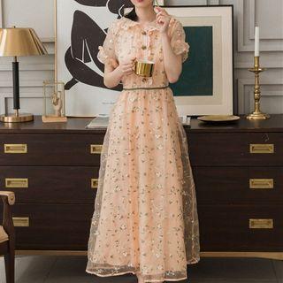 Short-sleeve Floral Mesh A-line Maxi Dress