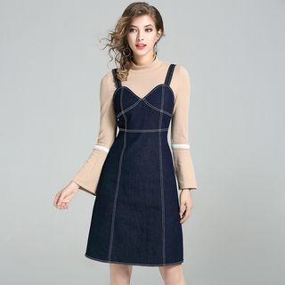 Set : Long-sleeve Top + Denim Pinafore