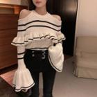 Bell-sleeve Cold-shoulder Striped Sweater White - One Size