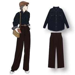 Pocket Detail Denim Shirt / Wide-leg Pants