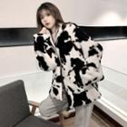 Cow Print Furry Zip Coat