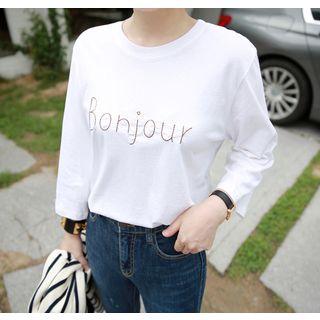 3/4-sleeve Lettering Embroidered T-shirt