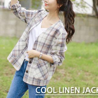 V-neck Plaid Linen Blend Jacket