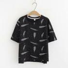 Feather Print Elbow-sleeve T-shirt As Shown In Figure - One Size