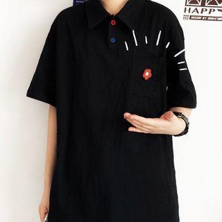 Short-sleeve Flower Print Embroidered Collared T-shirt