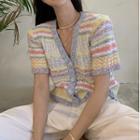 Short-sleeve V-neck Cropped Rainbow Striped Knit Top As Shown In Figure - One Size
