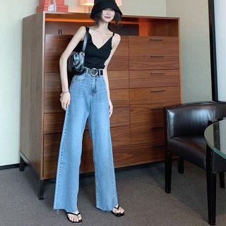 V-neck Camisole Top / Frayed Wide-leg Jeans