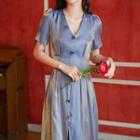 V-neck Puff-sleeve Slit Maxi A-line Dress
