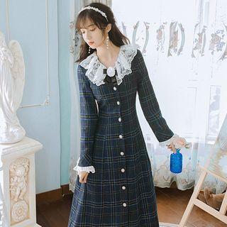 Long-sleeve Lace Trim Plaid Midi A-line Dress