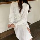 Ruffle Trim Long-sleeve Midi A-line Shirt Dress White - One Size