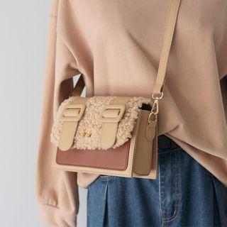 Faux Shearling Panel Flap Crossbody Bag