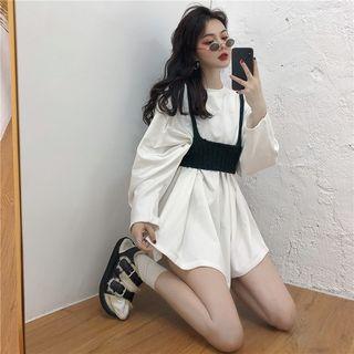Set: Long-sleeve T-shirt Dress + Crop Knit Cami Top