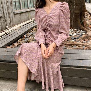 Floral Puff-sleeve Ruffle Hem Sheath Dress