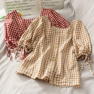 Square-neck Checker Crop Blouse