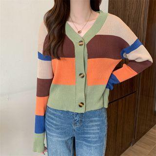 Striped Cardigan Coffee & Orange & Green - One Size