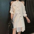 Long-sleeve Cold-shoulder Asymmetric Shirt Dress As Shown In Figure - One Size