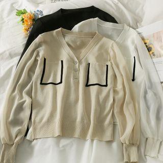 Chiffon-sleeve V-neck Light Knit Top