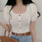 Square-neck Puff-sleeve Rib Knit Top