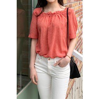 Square-neck Dot Chiffon Blouse Orange - One Size