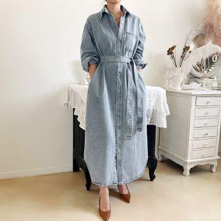 Washed Denim Maxi Shirtdress Light Blue - One Size