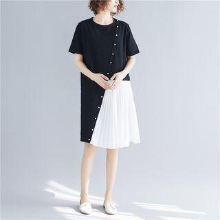 Mock Two-piece Short-sleeve Pleated Panel Dress