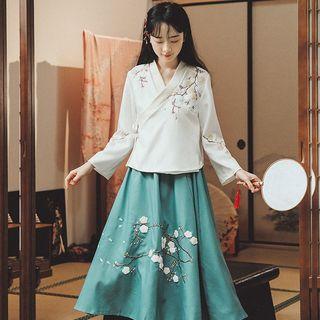 Embroidered Wrap Top / A-line Midi Skirt