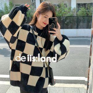 Round-neck Color Block Plaid Long-sleeve Knit Top Black - One Size