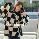 Round-neck Color Block Plaid Long-sleeve Knit Top Black - One Size