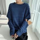 Long-sleeve Cutout Striped T-shirt Stripes - Blue - One Size