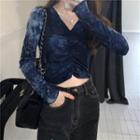 Tie-dye V-neck Long-sleeve Crop Top As Figure - One Size