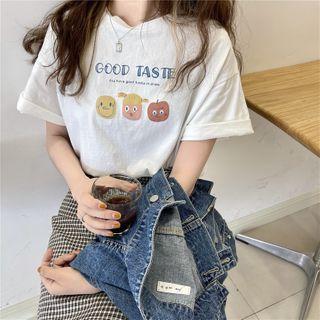 Cartoon Print T-shirt + Elastic-waist Plaid Skirt