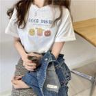 Cartoon Print T-shirt + Elastic-waist Plaid Skirt