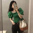 Puff-sleeve Square Neck Leopard Print Blouse Green - One Size