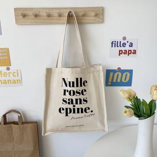 Lettering Print Canvas Tote Bag Black & Beige - One Size