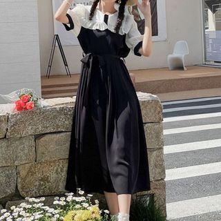 Puff-sleeve Ruffle Trim Peter Pan Collar Midi Dress