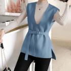 Belt-waist Vest / Long-sleeve Top