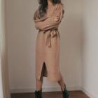 Front-slit Long-sleeve Midi Knit Dress Camel - One Size