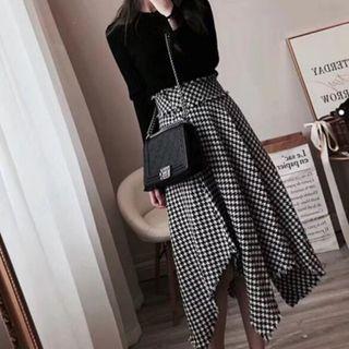 Set: Plain Knit Top + Houndstooth Midi A-line Skirt