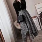Set: Plain Knit Top + Houndstooth Midi A-line Skirt