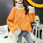 Contrast Trim Cable-knit Turtleneck Sweater