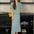 Set: Short-sleeve Open-collar Shirt + Midi A-line Skirt Blouse - Blue - One Size / Skirt - Blue - One Size