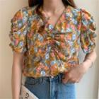 Floral Print Ruched Puff-sleeve Blouse