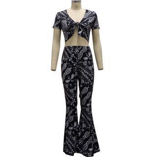 Set: Short-sleeve Tie-front Paisley Crop Top + Flared Pants