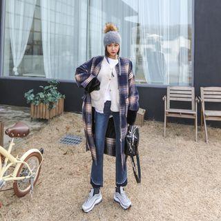 Zip-up Faux-fur Checked Coat