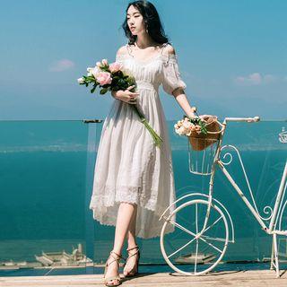 Elbow-sleeve Cold Shoulder Chiffon A-line Midi Dress