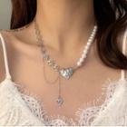 Asymmetrical Faux Pearl Heart Necklace Silver - One Size