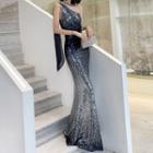 One Shoulder Sleeveless Sequined Mermaid Evening Gown
