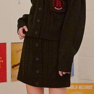 Band-waist Button-up Cable-knit Skirt Black - One Size