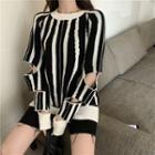 Striped Cutout Long-sleeve Knit Top As Shown In Figure - One Size