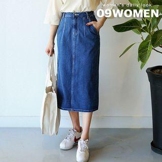 Plus Size Stitched Midi H-line Denim Skirt